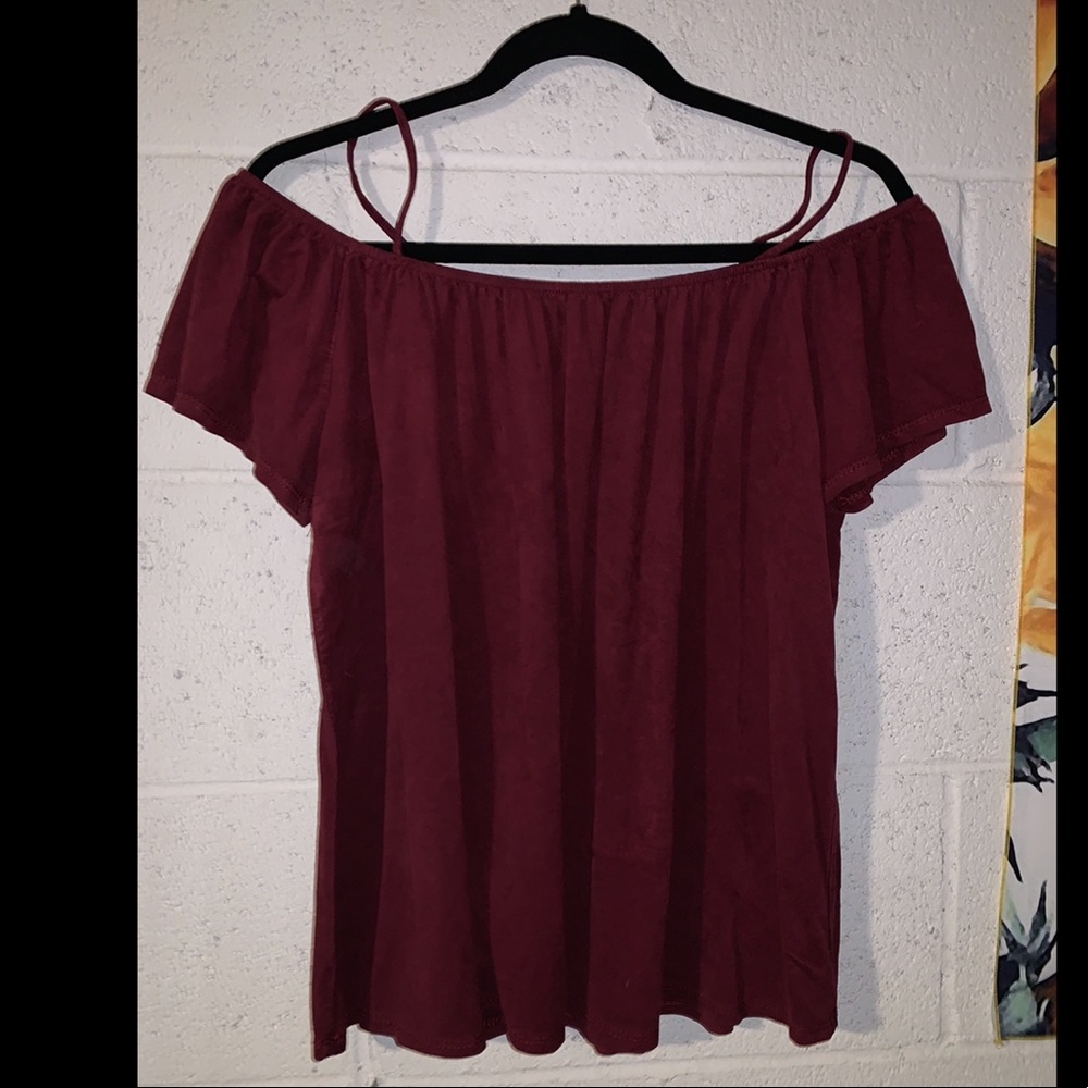 Open shoulder burgundy top